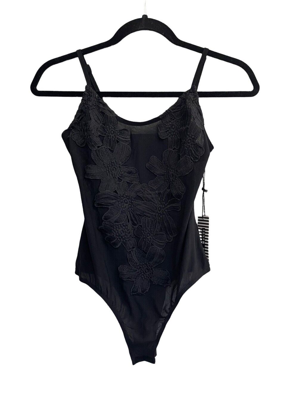 NWT Haute Monde Womens Small Black Floral Lace Sheer Bodysuit Lingerie #7460